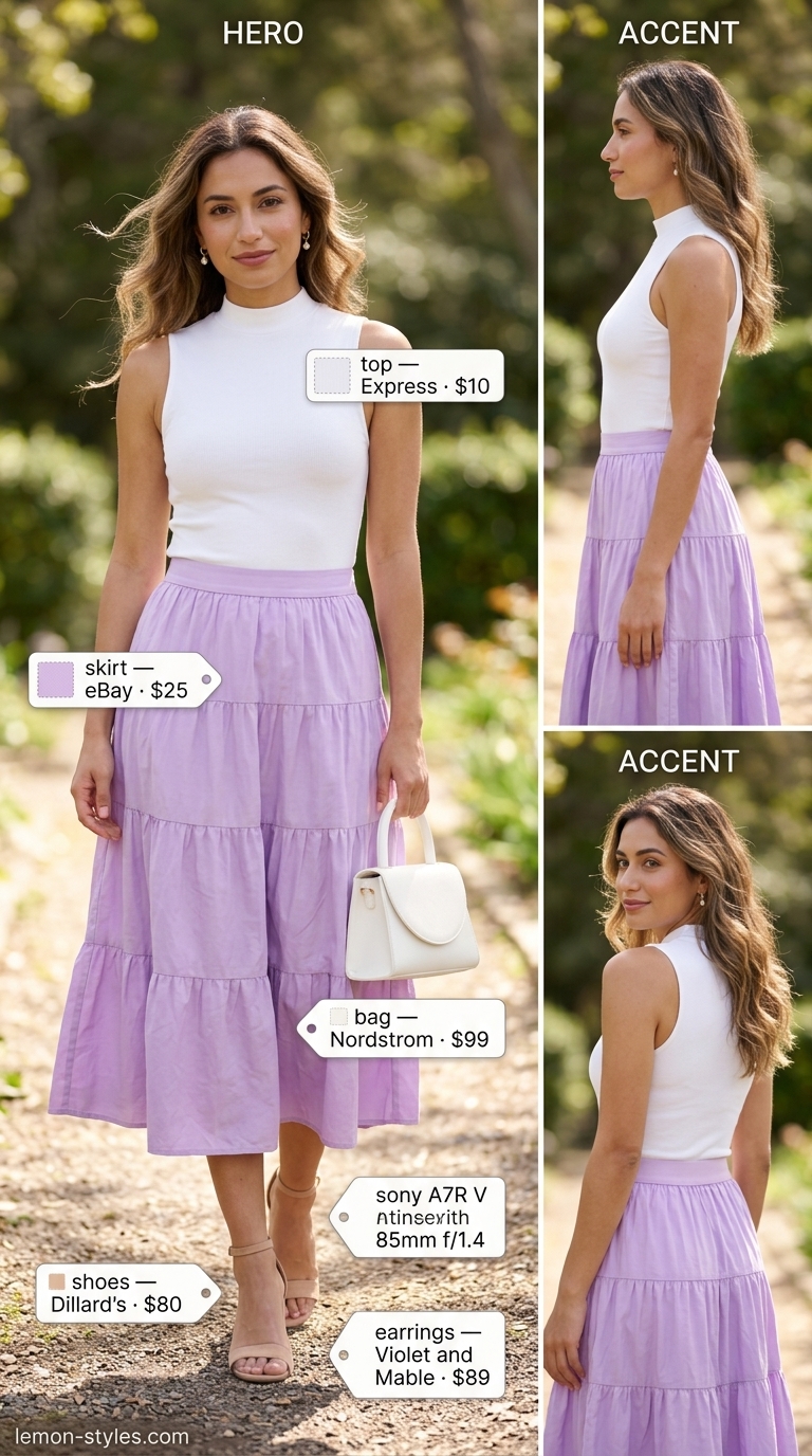 Trendy casual summer outfits for women 2026: Lavender midi skirt, white knit top, nude sandals, pearl earrings.