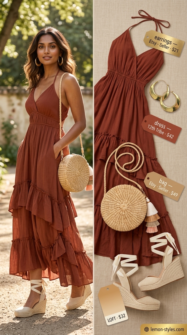 Trendy casual summer outfits for women 2026: Terracotta maxi dress, espadrilles, straw bag, gold hoops for outdoor events.