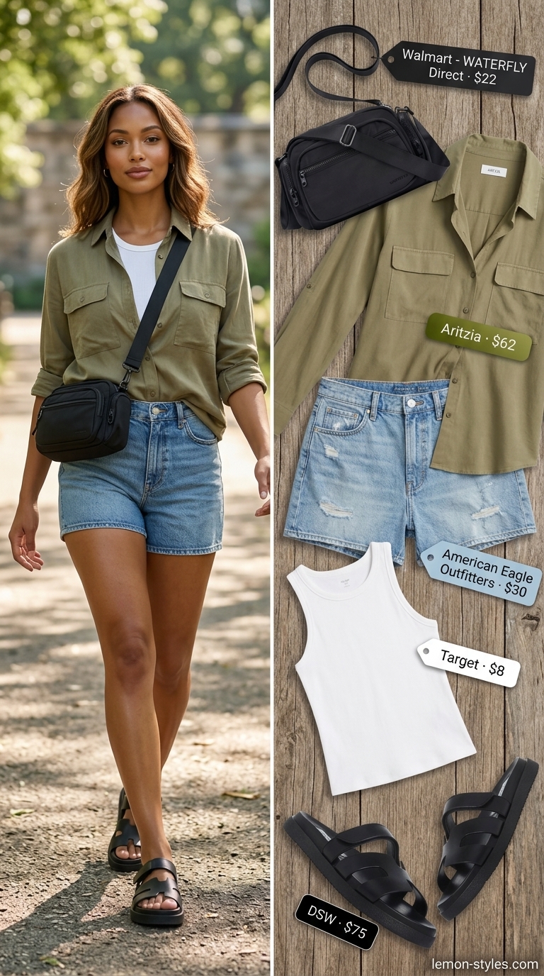 Trendy casual summer outfits for women 2026: Olive green utility shirt over white tank, denim shorts, and platform sandals.