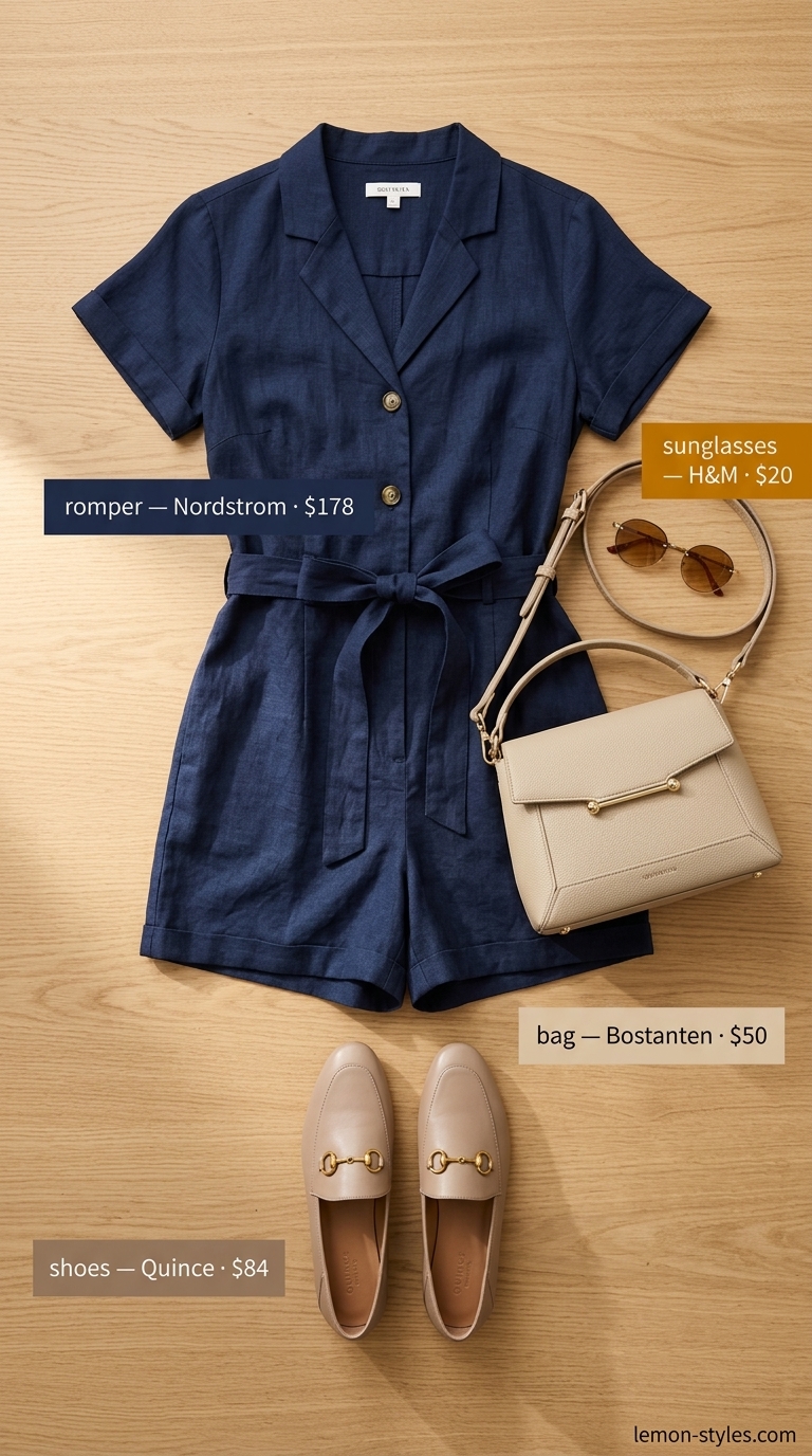 Trendy casual summer outfits for women 2026: Navy linen romper, tan loafers, cream crossbody bag, gold sunglasses.