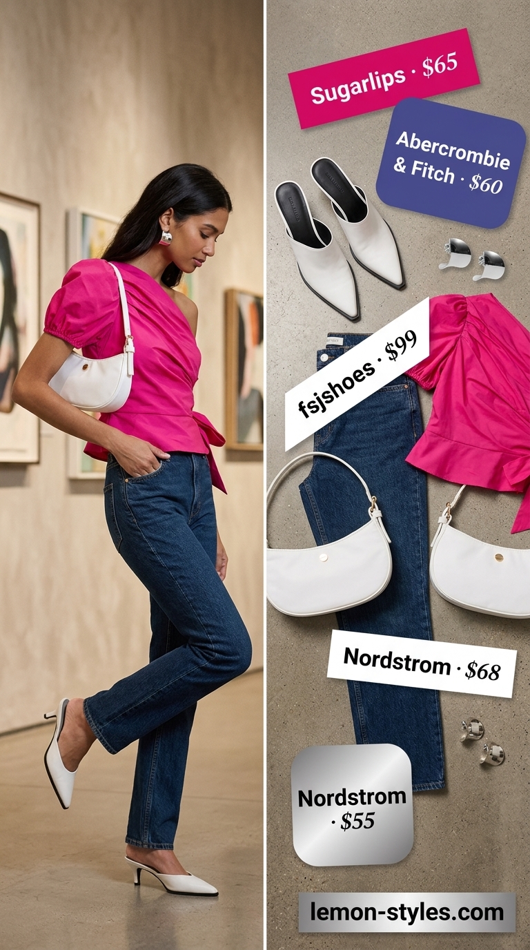 Trendy casual summer outfits for women 2026: Dark wash jeans, fuchsia one-shoulder top, white kitten heels for a creative event.