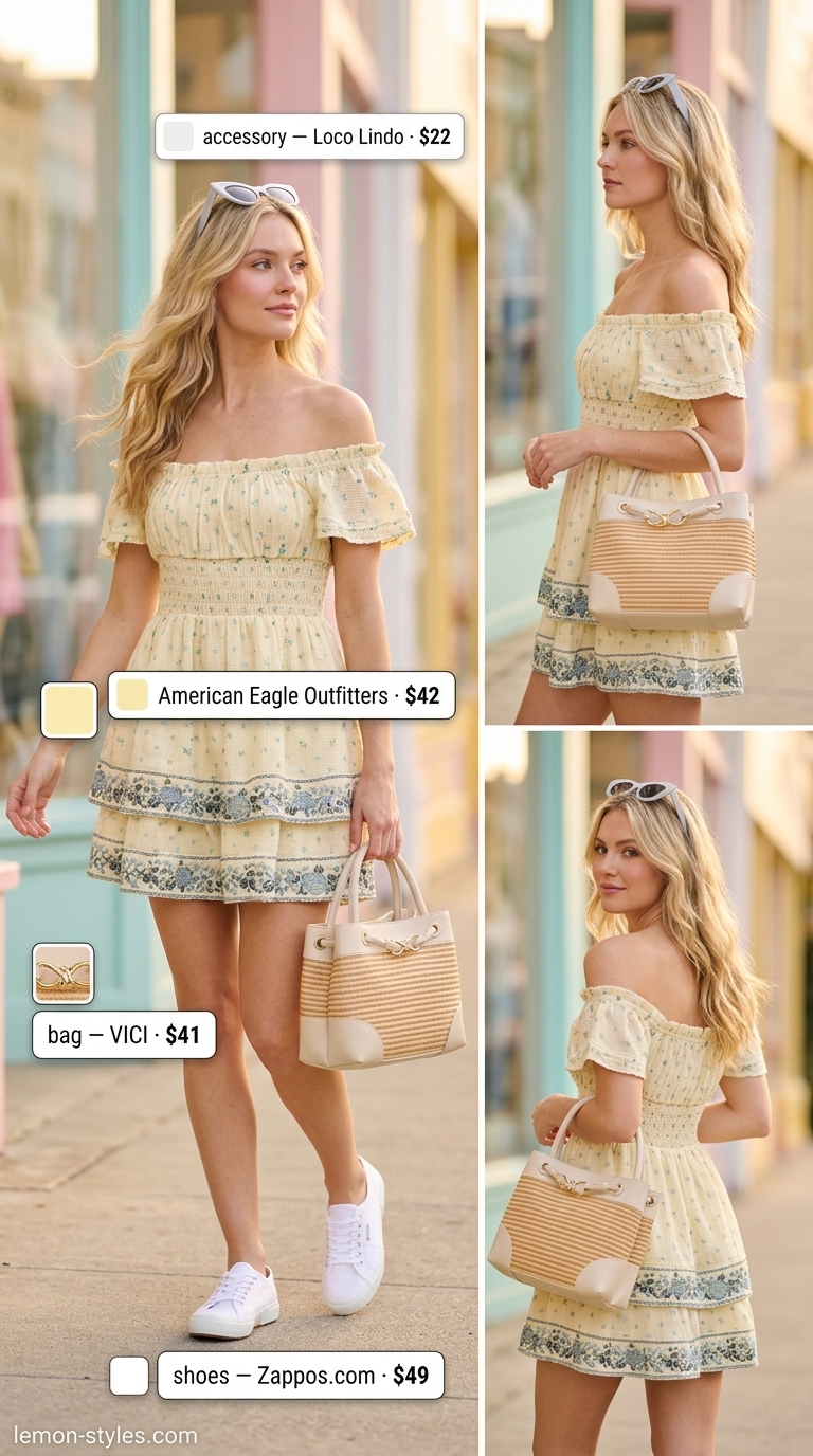 Trendy casual summer outfits for women 2026: Yellow off-shoulder dress, white sneakers, straw tote, cat-eye sunglasses.