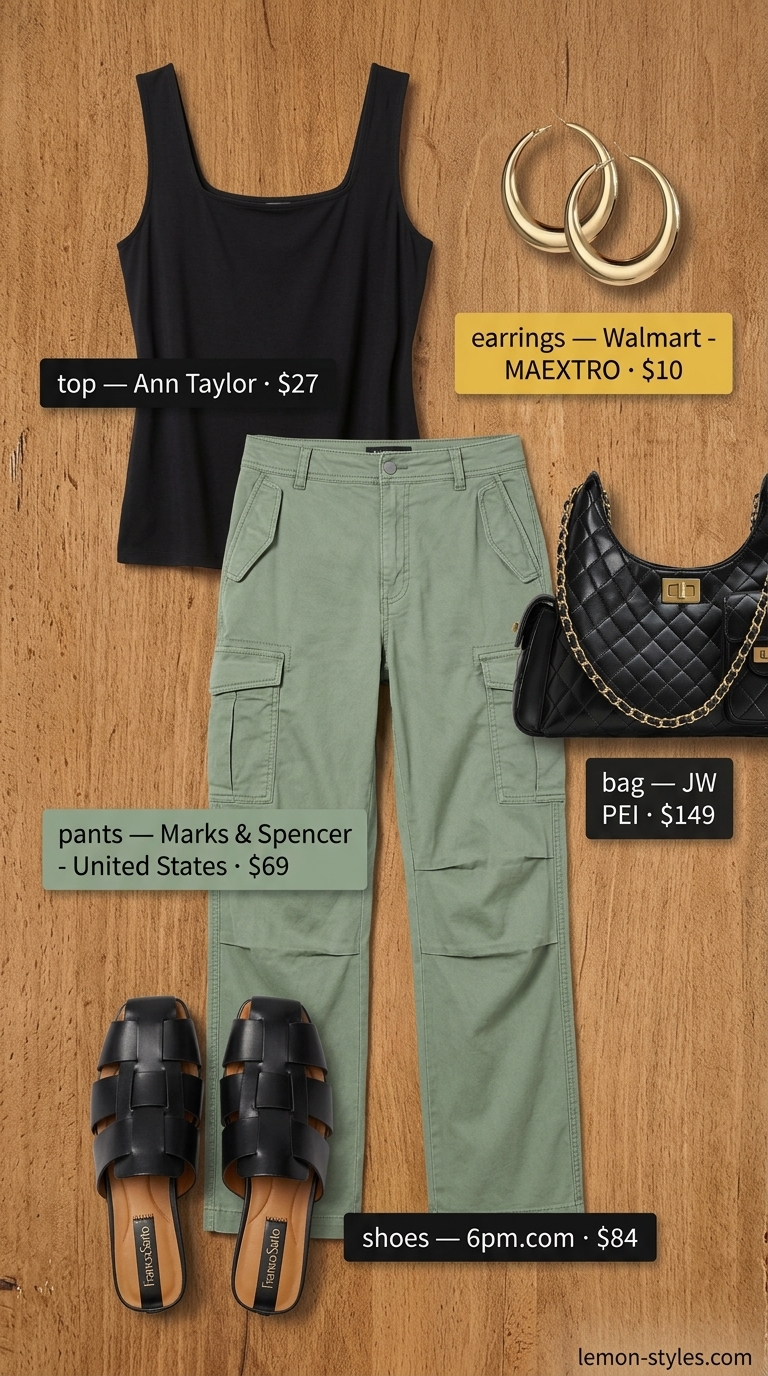 Trendy casual summer outfits for women 2026: Sage green cargo pants, black sleeveless top, mule sandals, and shoulder bag.