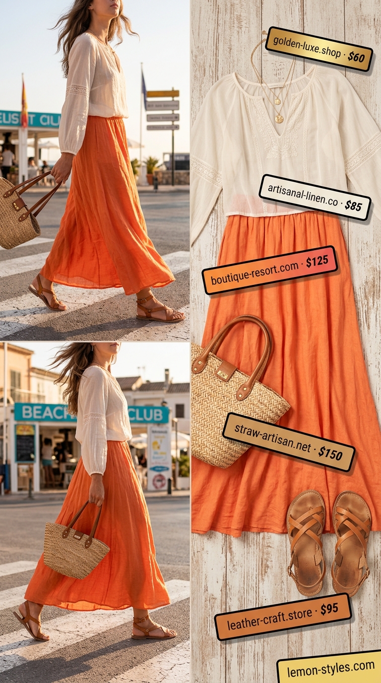 Boho Beach Skirt Outfit 2026 Bohemian cream crochet maxi skirt outfit for beach clubs or summer parties. Hot summer skirt outfits 2026.