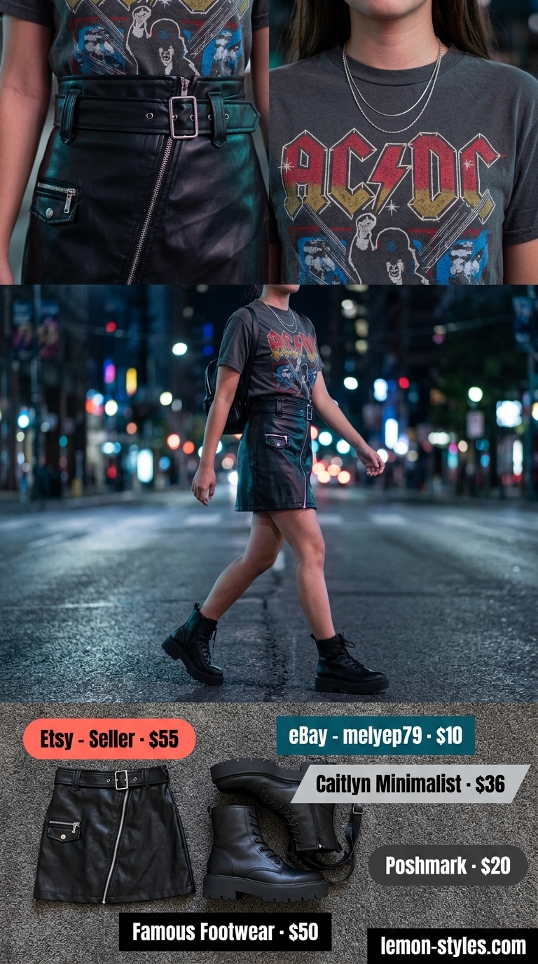 Urban Edge Skirt Outfit 2026 Cool black faux leather mini skirt outfit for concerts, festivals, or nights out. Hot summer skirt outfits 2026.