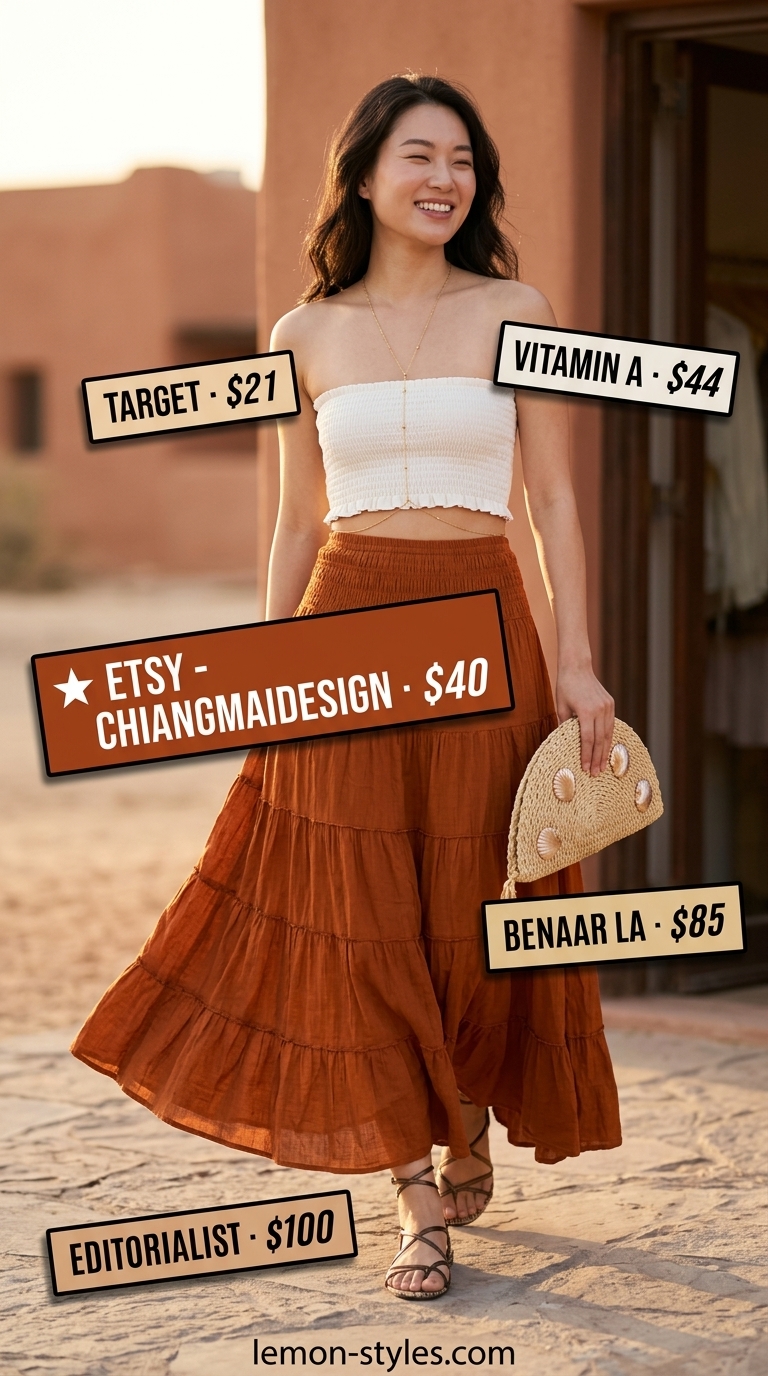 Romantic Maxi Skirt Outfit 2026 Romantic terracotta tiered maxi skirt outfit for vacation dinners or outdoor gatherings. Hot summer skirt outfits 2026.