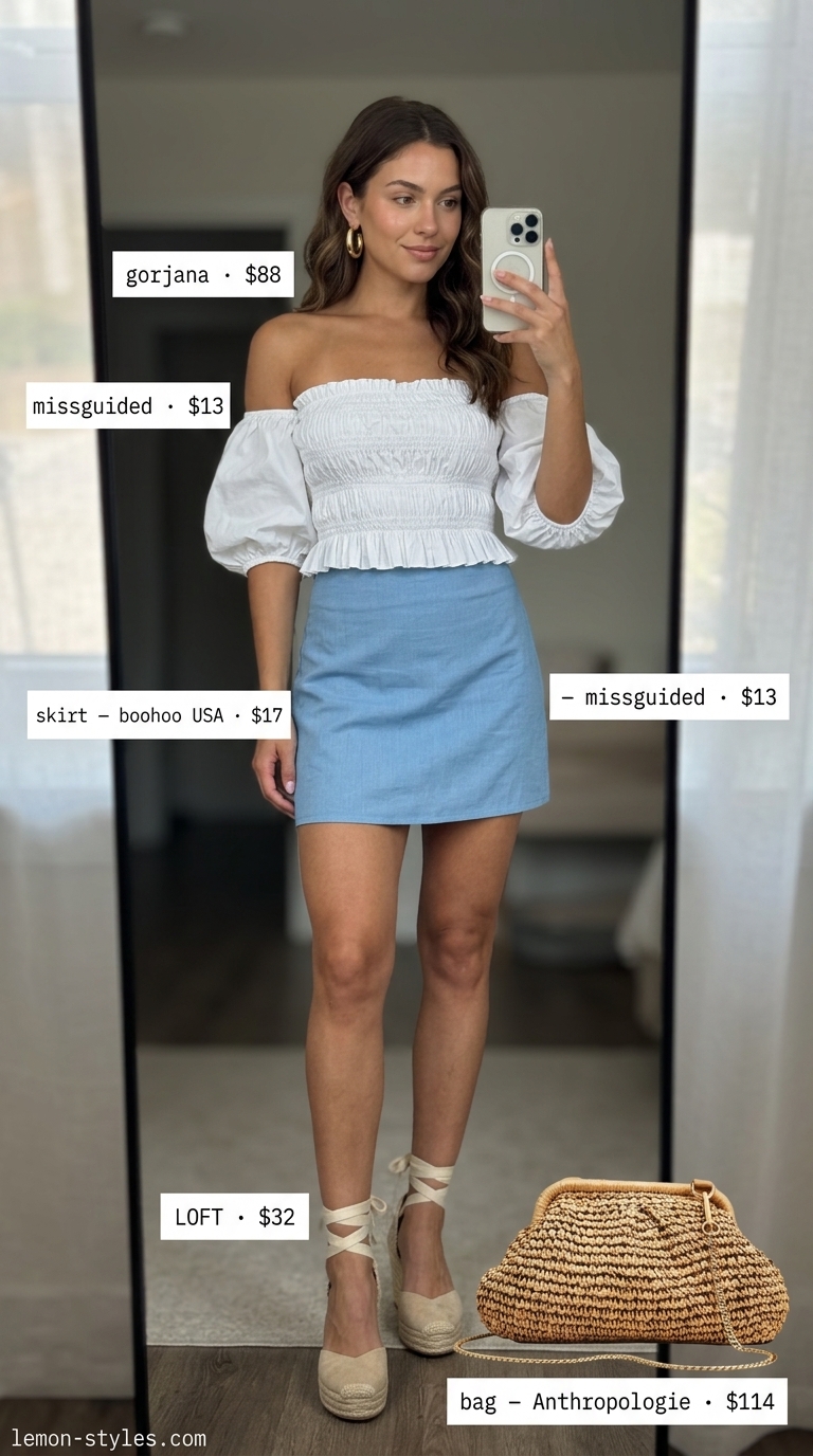 Riviera Chic Skirt Outfit 2026 Chic ocean blue linen mini skirt outfit for vacation dinners or beach bars. Hot summer skirt outfits 2026.