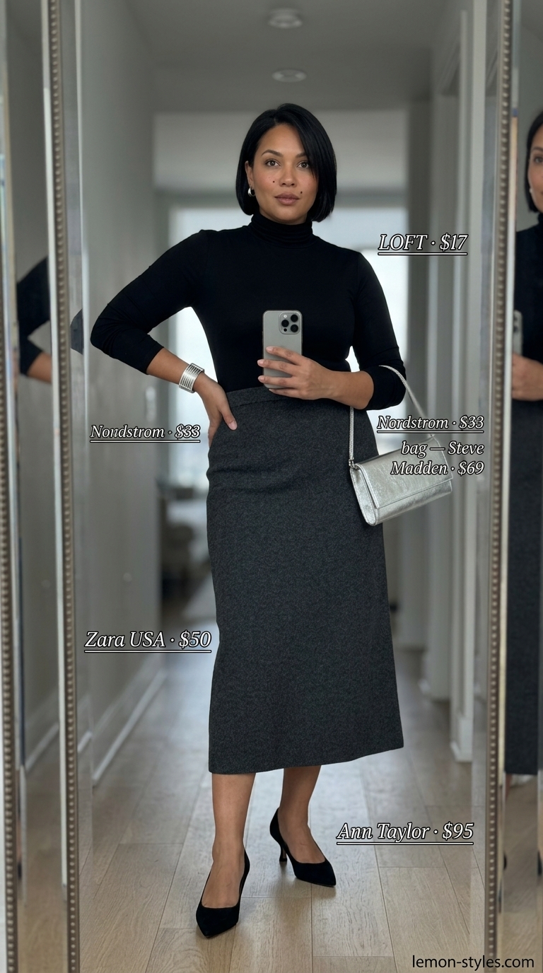 Hot Summer Skirt Outfits 2026: Sophisticated Gallery Style Hot summer skirt outfits 2026: Charcoal gray knit midi skirt with black turtleneck, kitten heels, and silver cuff.