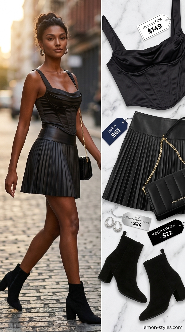Hot Summer Skirt Outfits 2026: Bold Night Out Style Hot summer skirt outfits 2026: Black faux leather mini skirt with silver corset top, ankle boots, and hoop earrings.
