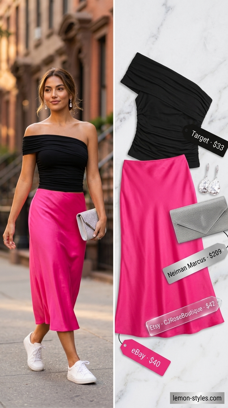 Hot Summer Skirt Outfits 2026: Vibrant Cocktail Party Hot summer skirt outfits 2026: Hot pink satin slip skirt with one-shoulder top, crystal sandals, and clutch.