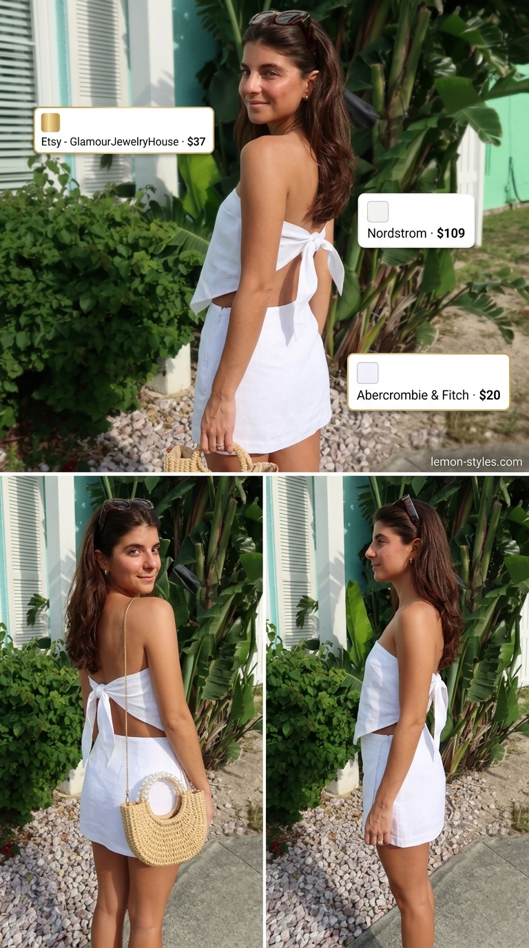 Elegant Lunch Skirt Outfit 2026 Elegant white linen mini skirt outfit for summer lunches or garden parties. Hot summer skirt outfits 2026.