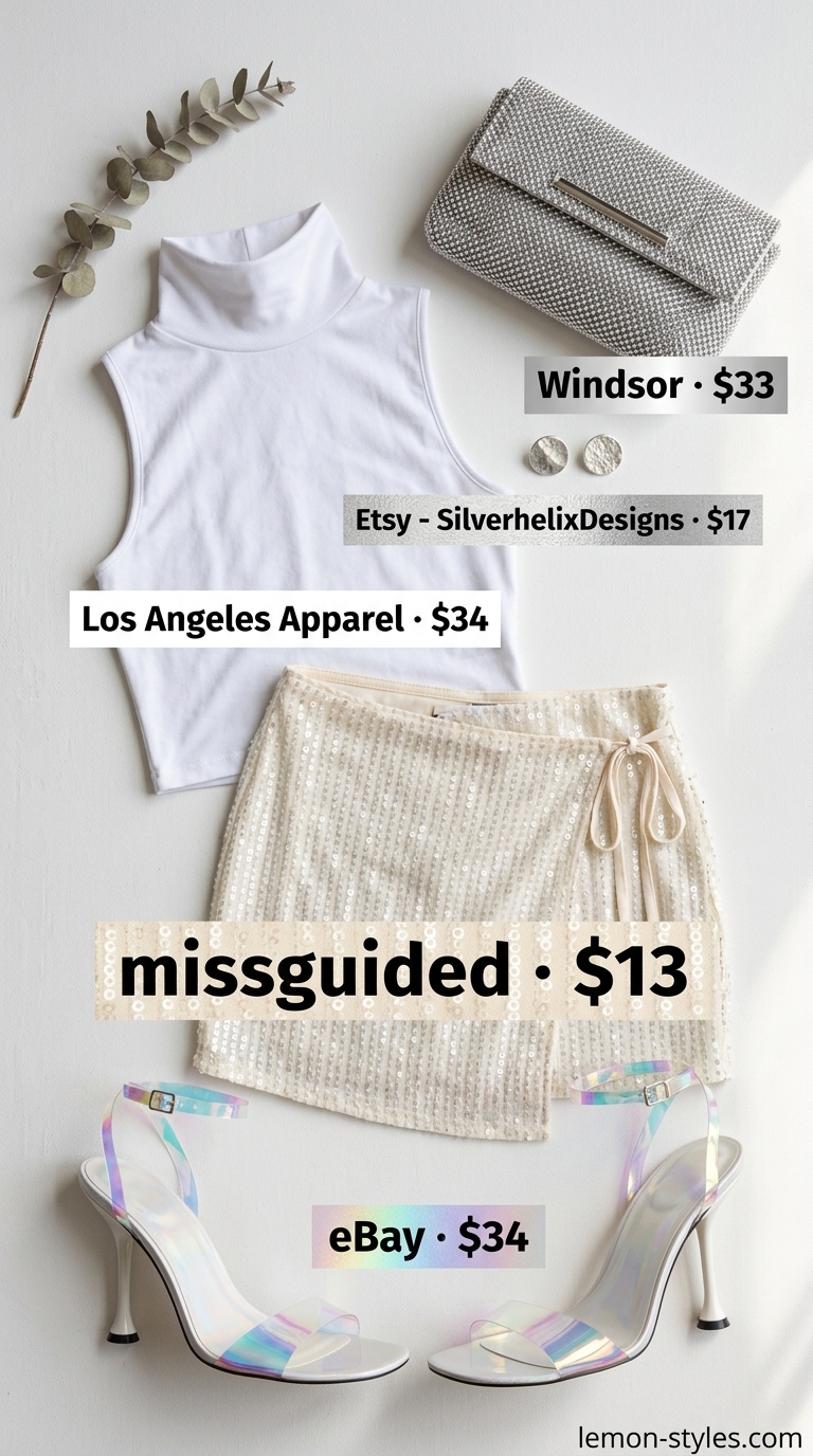 Sparkling Skirt Outfit 2026 Festive silver sequin mini skirt outfit for summer parties or night clubs. Hot summer skirt outfits 2026.