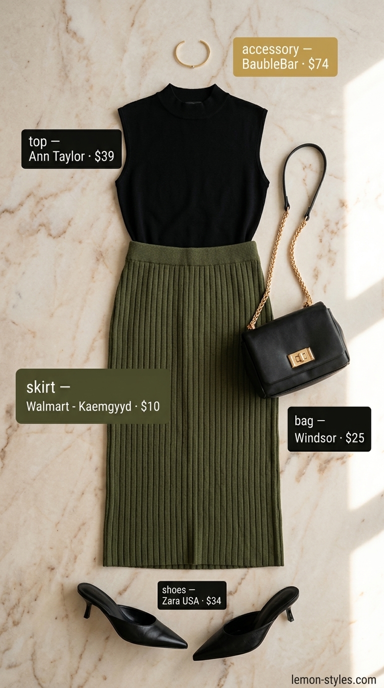 Hot Summer Skirt Outfits 2026: Sleek Dinner Style Hot summer skirt outfits 2026: Olive green ribbed midi skirt with fitted black mock neck top, heeled mules, and gold bracelet.