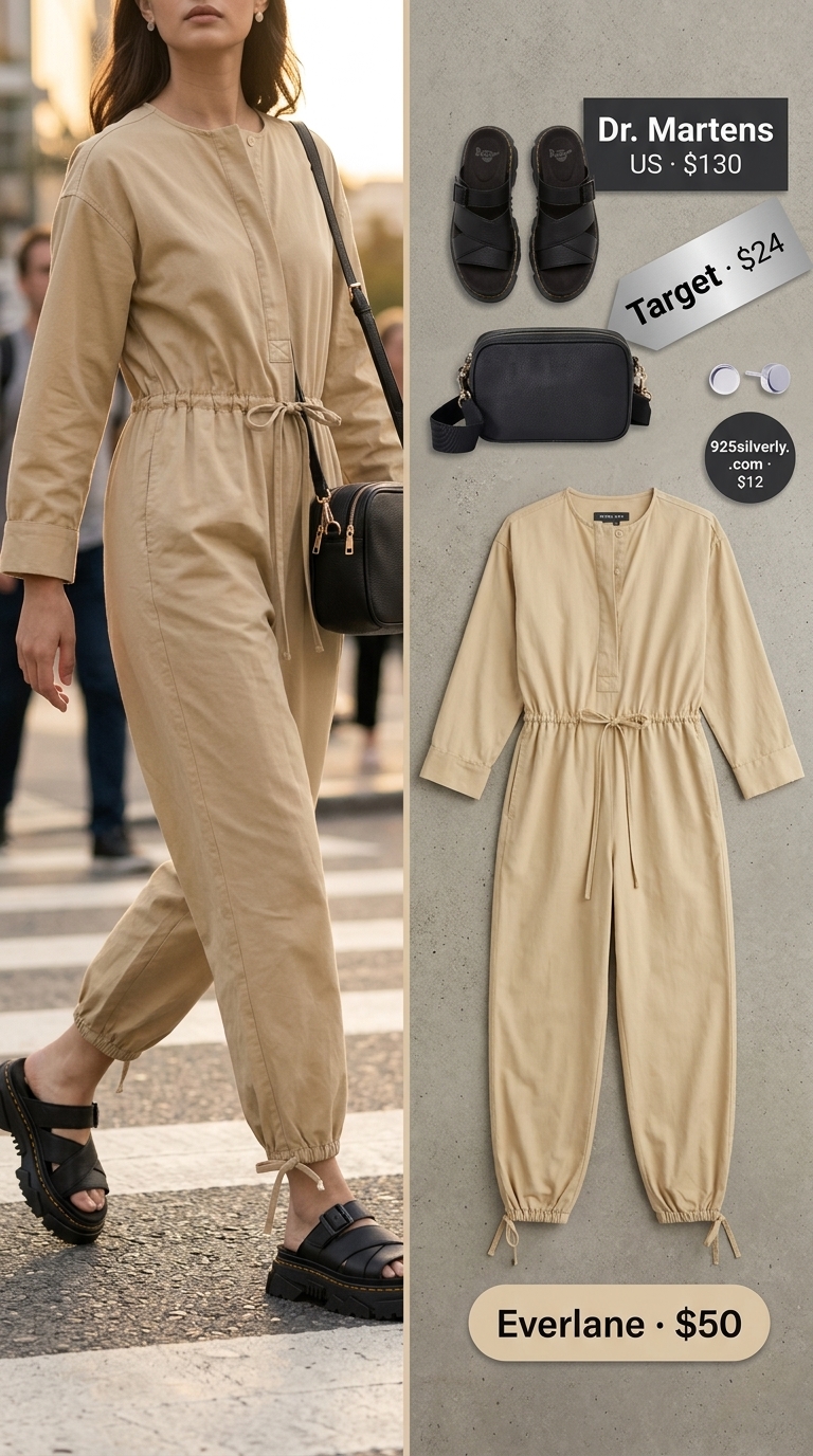 Trendy Summer Outfits 2026: Utility Jumpsuit for Travel Trendy summer outfits for women 2026: Sand utility jumpsuit, chunky sandals, and crossbody bag for travel.
