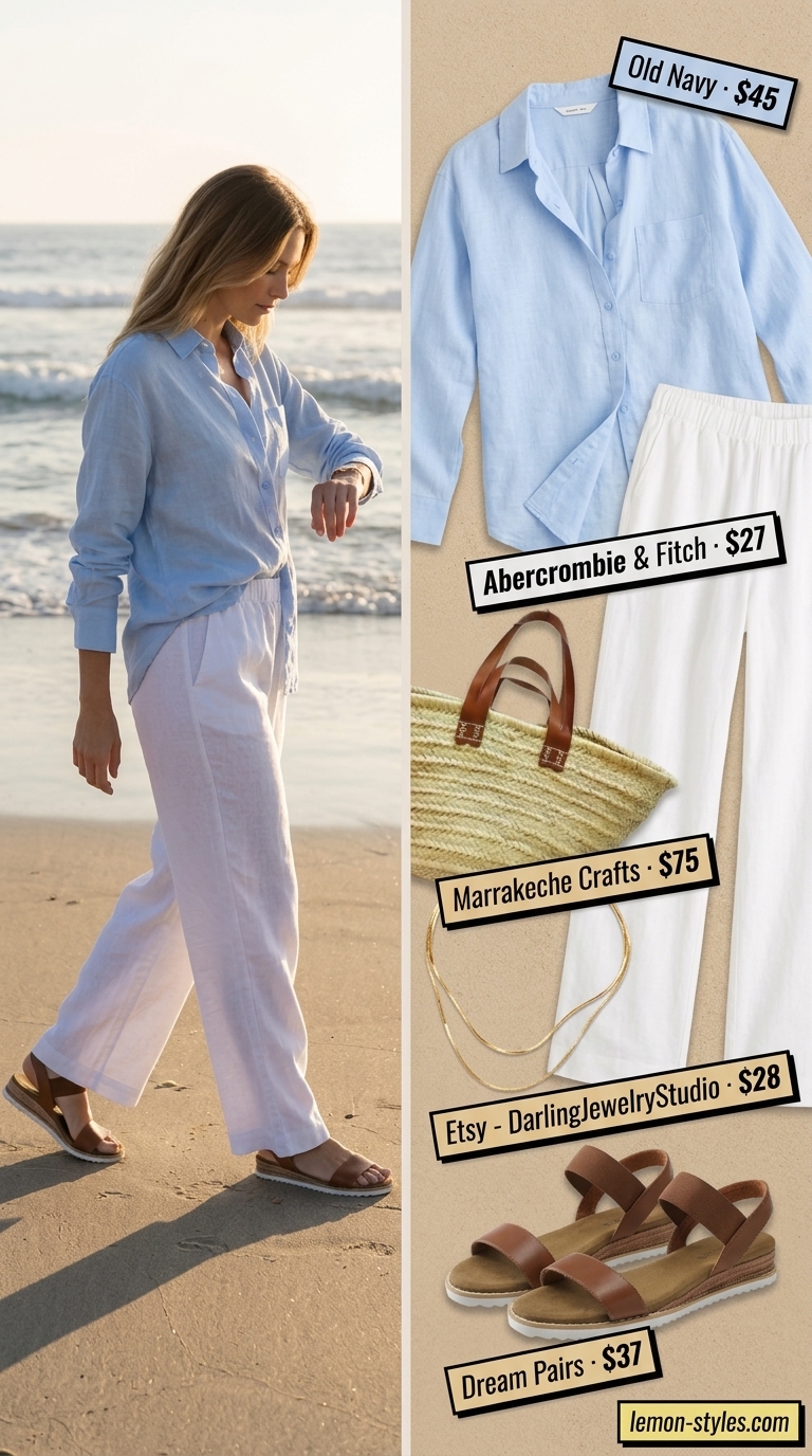 Trendy Summer Outfits 2026: Linen Pants for Seaside Brunch Trendy summer outfits for women 2026: Ecru linen pants, blue shirt, and espadrilles for seaside brunch.