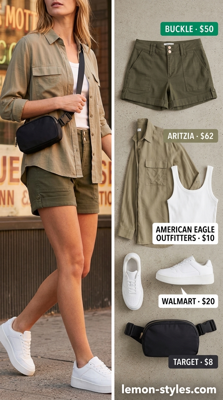 Trendy Summer Outfits 2026: Shorts & Olive Shirt for City Trendy summer outfits for women 2026: Khaki shorts, olive shirt, and platform sneakers for city safari.