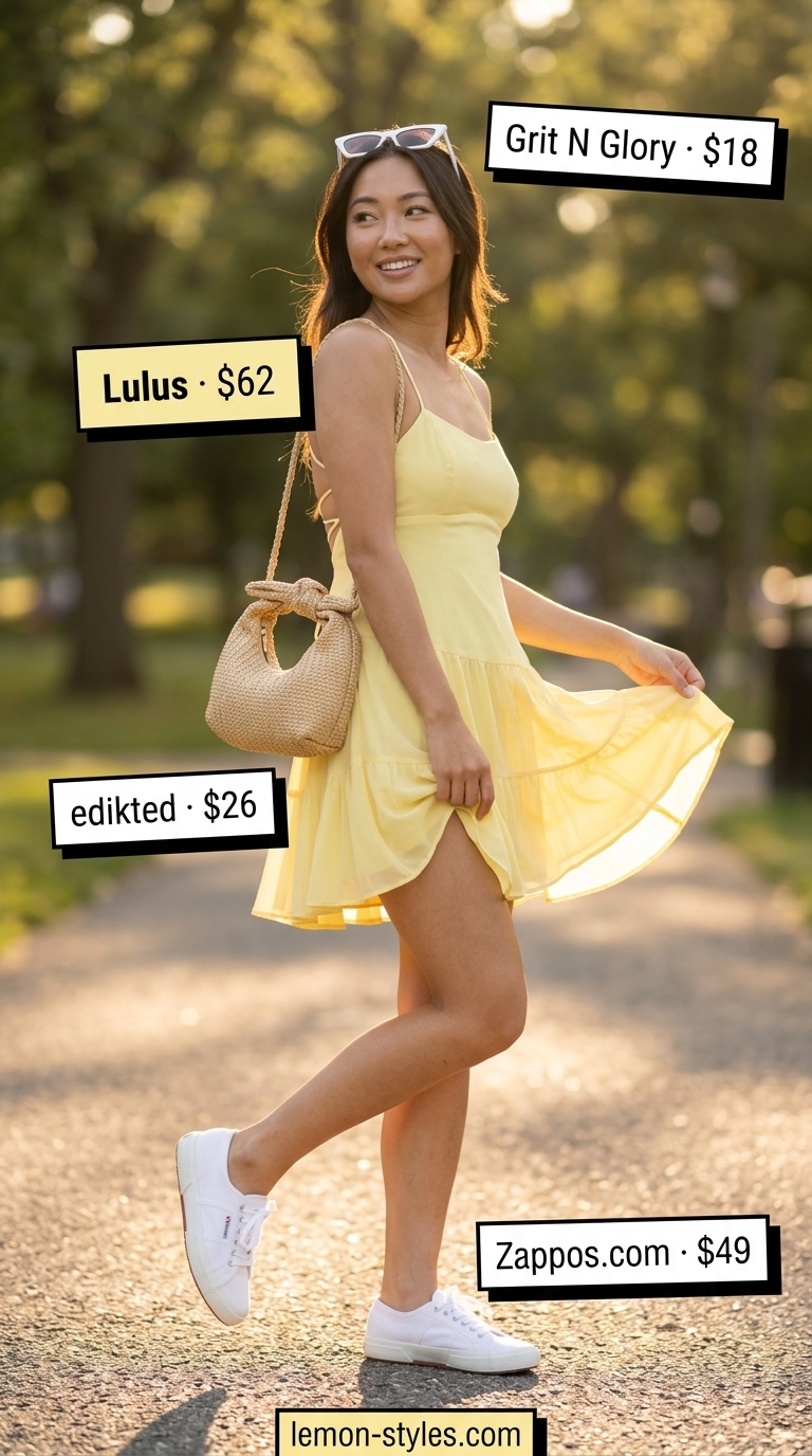 Playful Picnic Day Outfits 2026 Trendy summer outfits for women 2026: Pastel yellow sundress, white sneakers, straw tote, and cat-eye sunglasses for a playful picnic day.