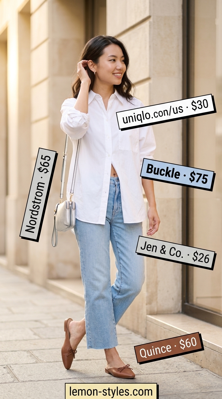 Casual Daytime Outfits 2026 Trendy summer outfits for women 2026: Light wash jeans, white oversized shirt, tan mules, and silver crossbody for casual daytime style.