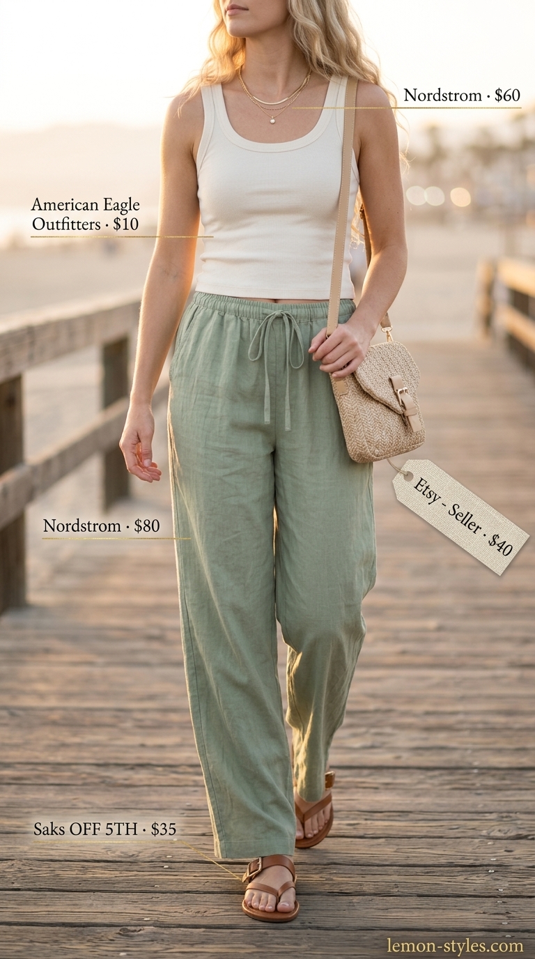 Trendy Summer Outfits 2026: Linen Pants for Sunset Stroll Trendy summer outfits for women 2026: Sage green linen pants, cream tank, and leather sandals for a sunset stroll.