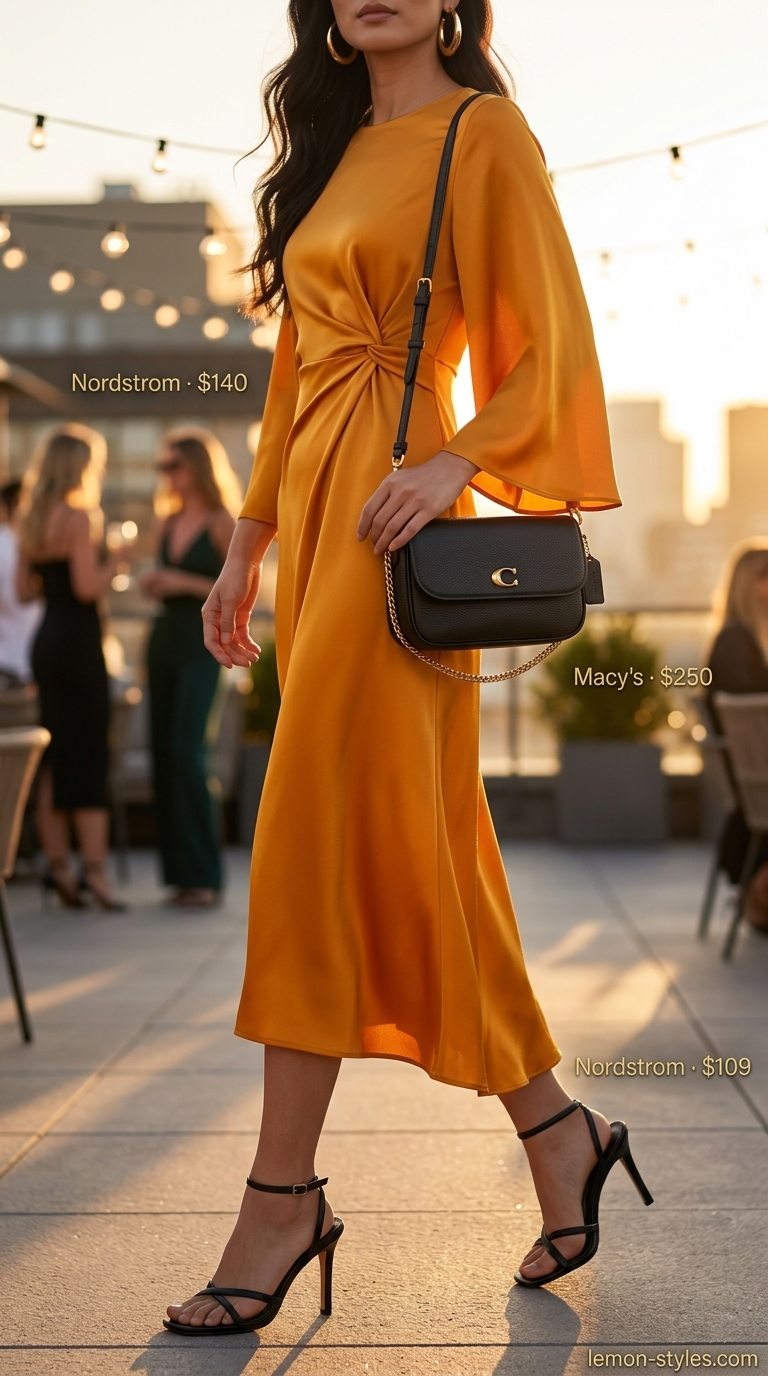 Rooftop Dinner Date Outfits 2026 Trendy summer outfits for women 2026: Mango orange satin midi wrap dress, black heels, and gold accessories for a rooftop dinner date.