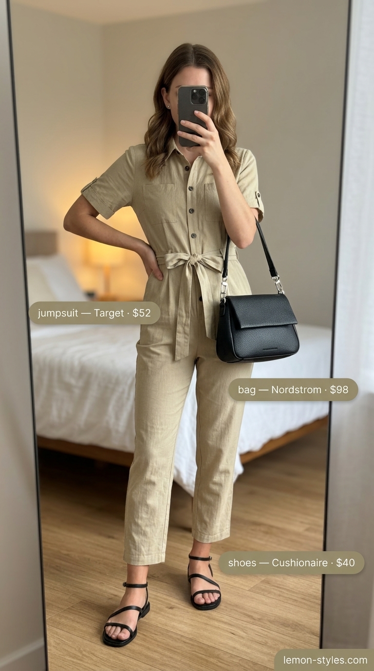 Urban Chic Outfits 2026 Trendy summer outfits for women 2026: Khaki utility jumpsuit, black crossbody bag, silver earrings, and chunky sandals for urban chic style.