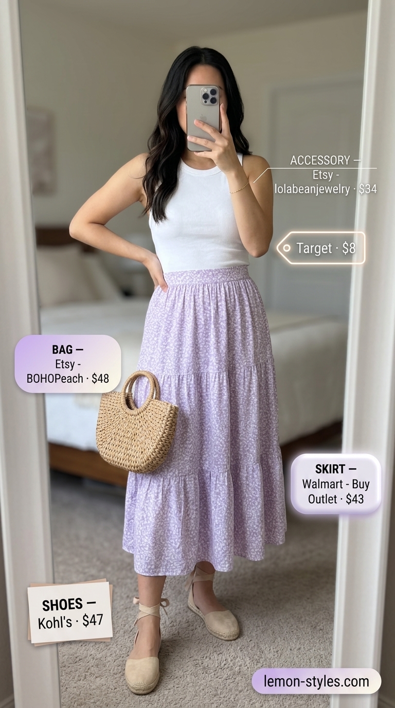 Lavender Garden Party Outfits 2026 Trendy summer outfits for women 2026: Lavender floral midi skirt, white tank, straw basket bag, and nude espadrilles for a garden party picnic.