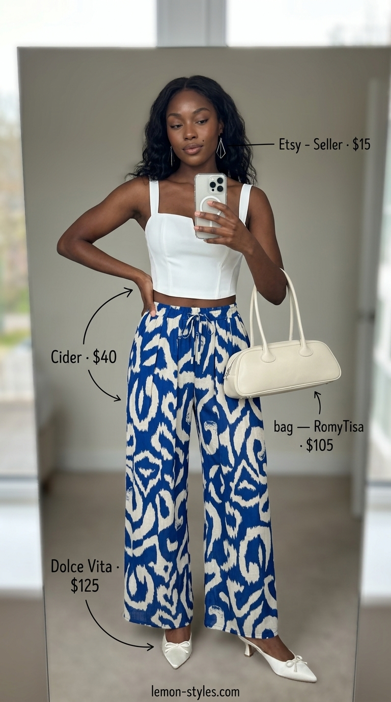 Art Gallery Opening Outfits 2026 Trendy summer outfits for women 2026: Cobalt blue abstract print matching set, white mules, silver bag, and geometric earrings for an art gallery.