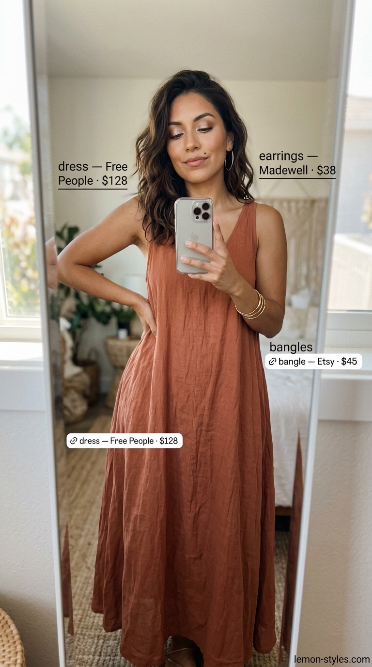 Summer Festival Outfits 2026 Trendy summer outfits for women 2026: Cream embroidered maxi dress, tan gladiator sandals, fringed bag, gold necklaces, and straw hat for a festival.