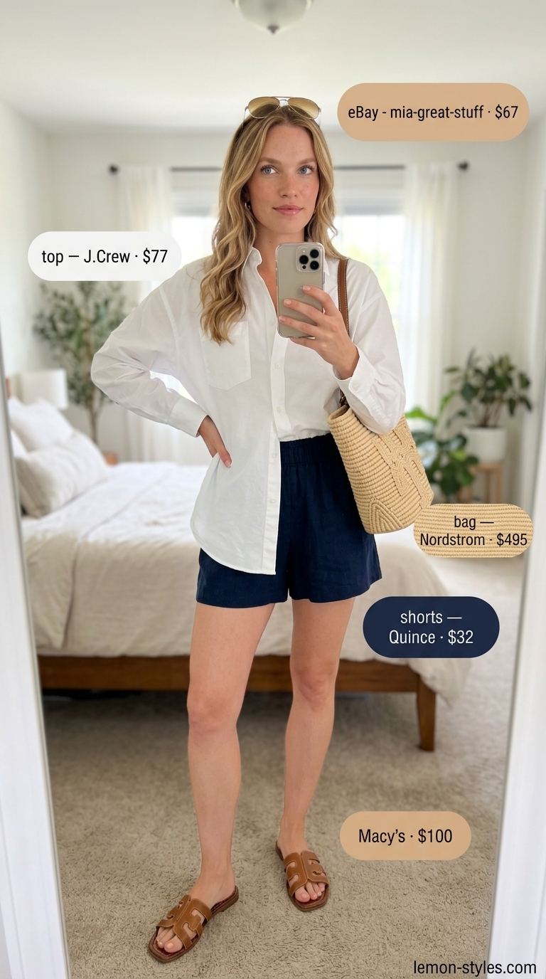 Resort Vacation Outfits 2026 Trendy summer outfits for women 2026: White oversized shirt, navy shorts, tan slides, straw tote, and aviator sunglasses for a resort vacation.