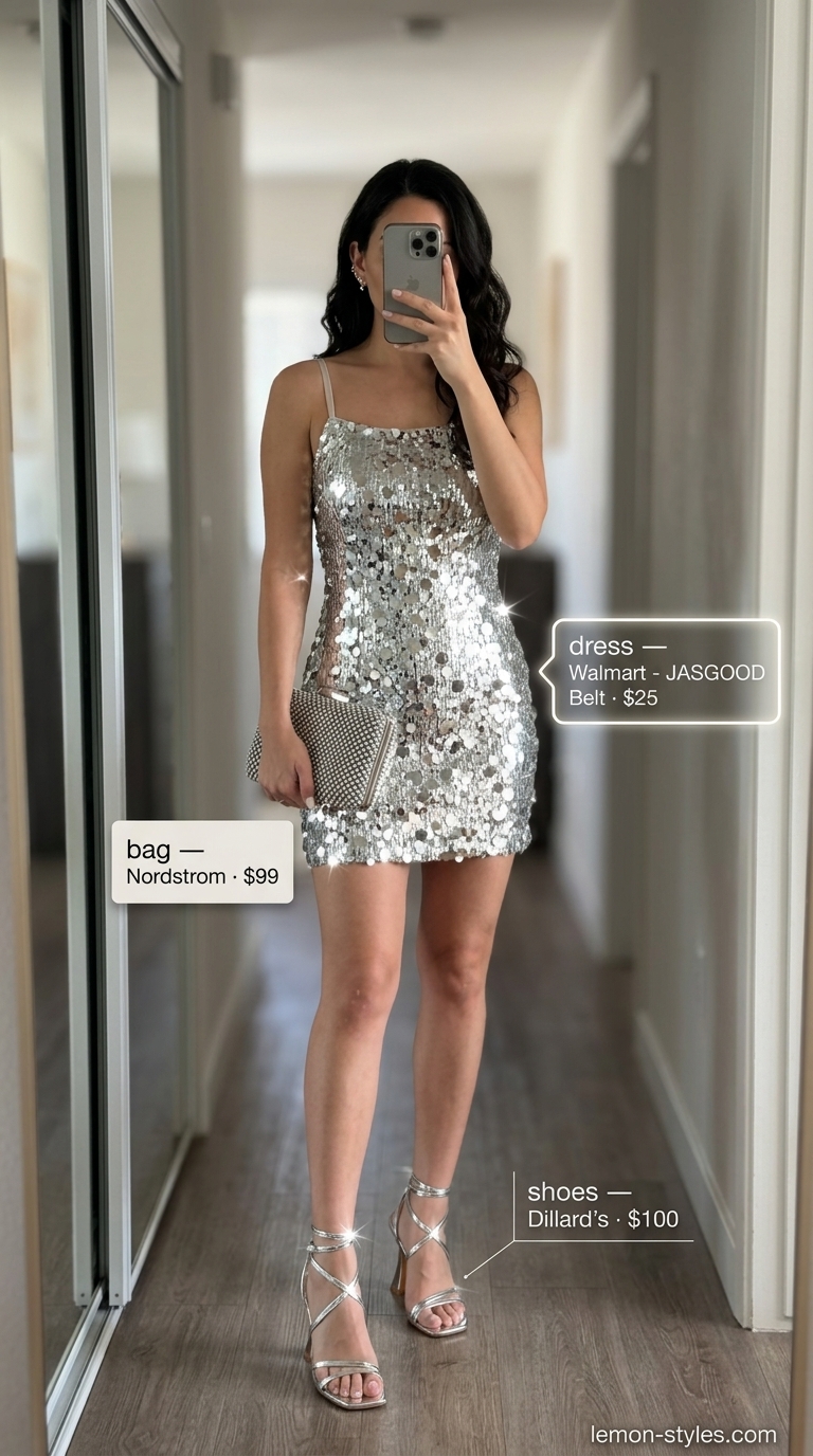 Night Out Party Outfits 2026 Trendy summer outfits for women 2026: Iridescent silver sequin mini dress, strappy heels, rhinestone clutch, and silver studs for a night out.