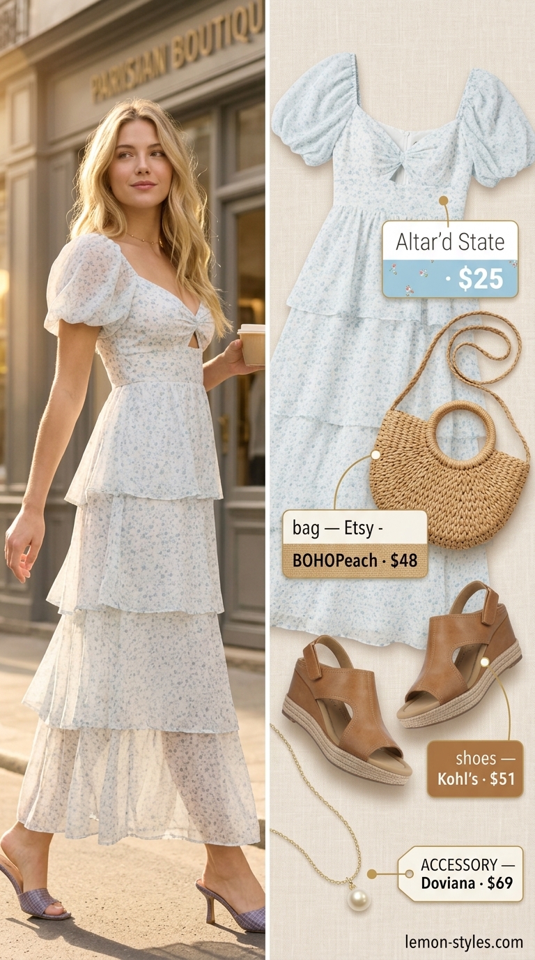 Trendy Summer Outfits 2026: Garden Party Trendy summer outfits for women 2026: Floral midi dress, espadrilles, straw bag for a garden party.