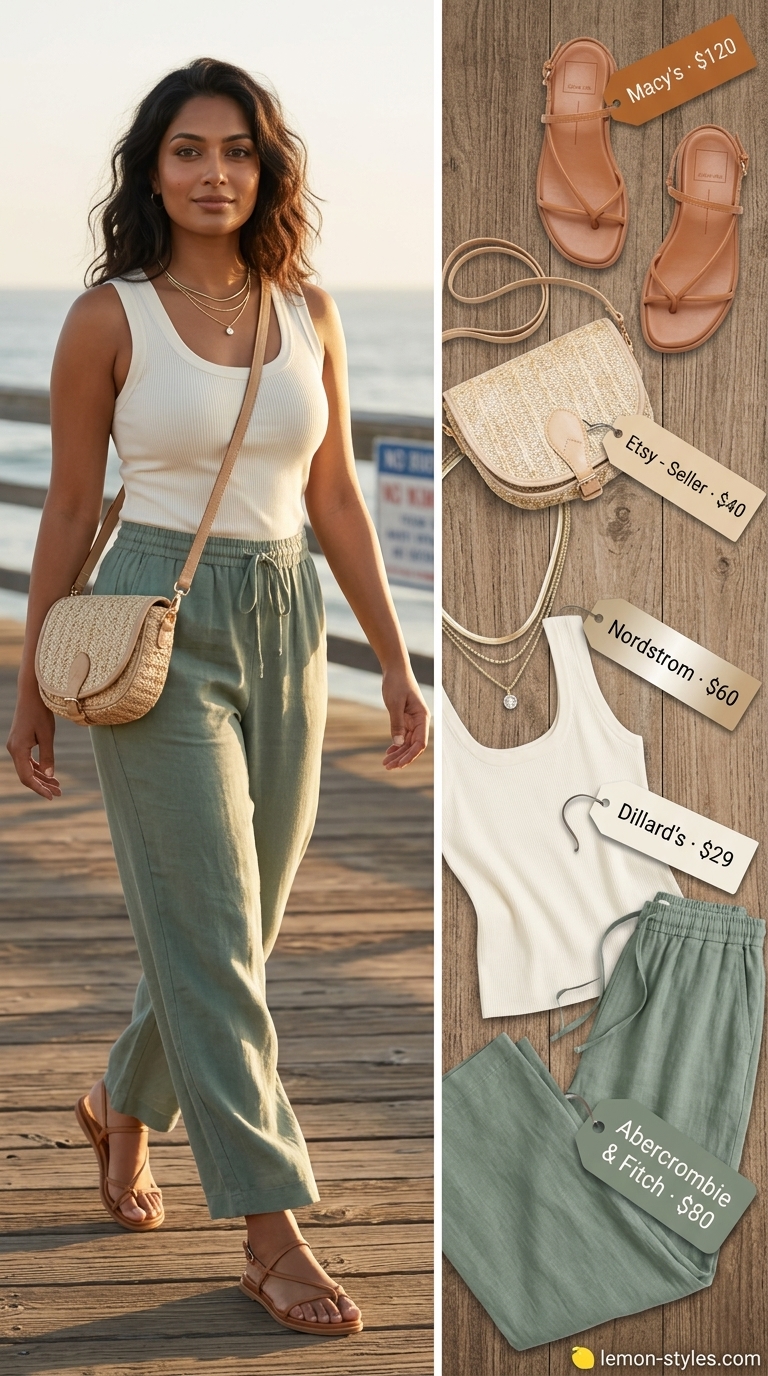 Trendy Summer Outfits 2026: Boardwalk Chic Trendy summer outfits for women 2026: Sage green wide-leg pants, cream tank, gold necklaces, tan sandals for a casual evening.