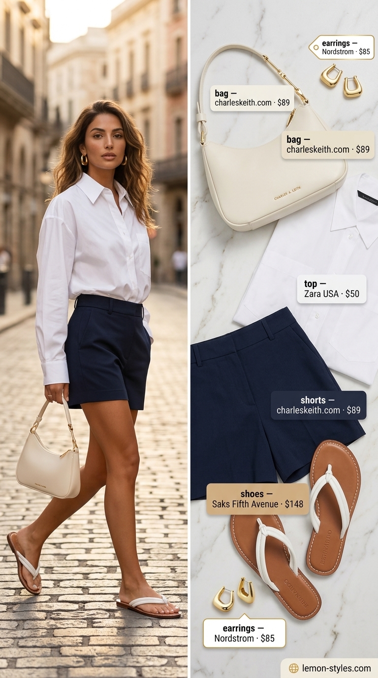 Trendy Summer Outfits 2026: Riviera Chic Trendy summer outfits for women 2026: Navy linen shorts, white button-down, gold hoops for Riviera chic.