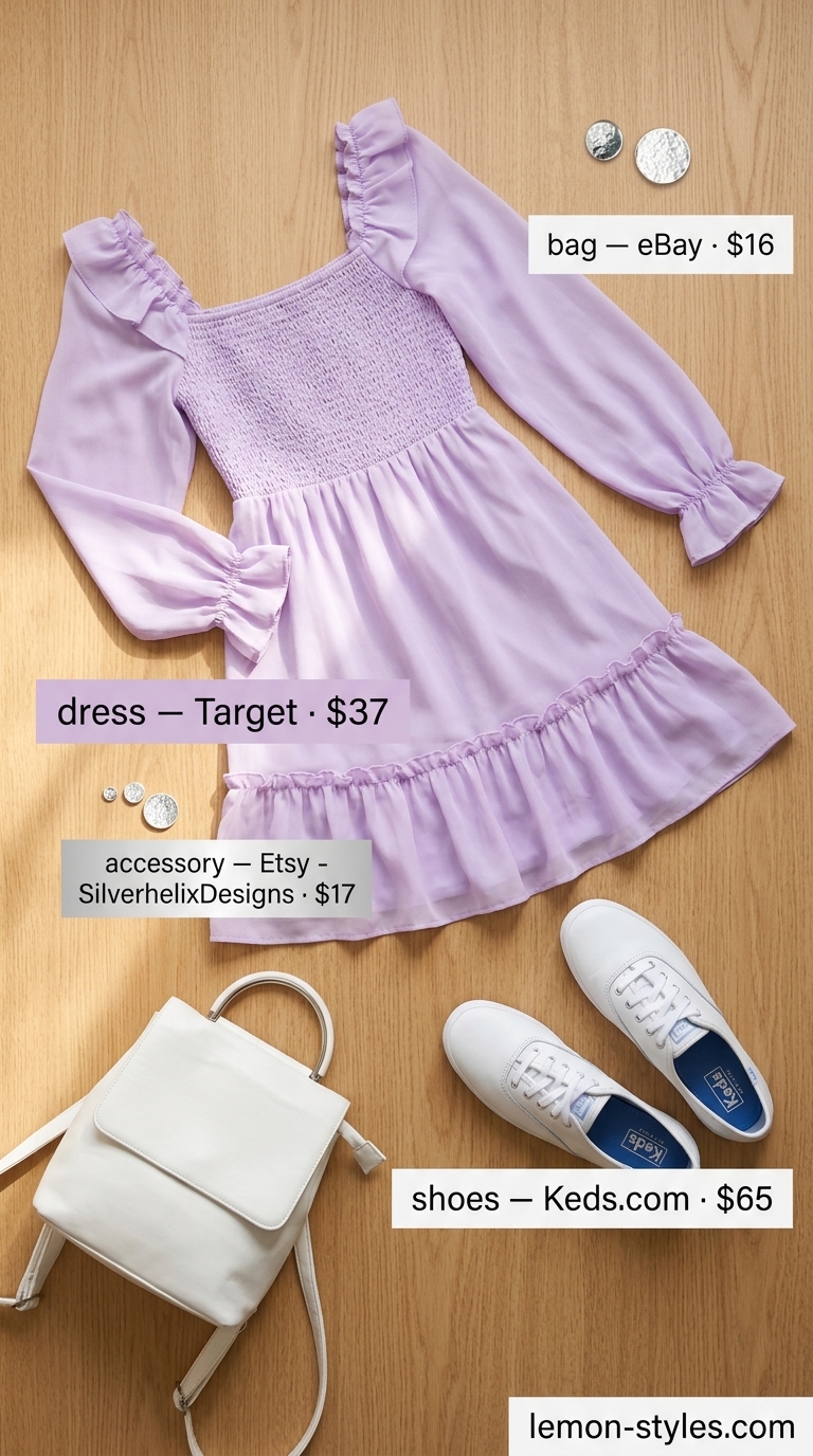 Trendy Summer Outfits 2026: Lavender Picnic Trendy summer outfits for women 2026: Lavender smocked dress, white sneakers, silver backpack for a picnic.