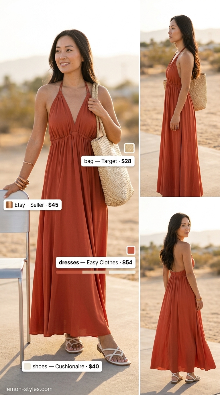 Trendy Summer Outfits 2026: Desert Oasis Trendy summer outfits for women 2026: Terracotta maxi dress, straw hat, nude sandals for a beach vacation.