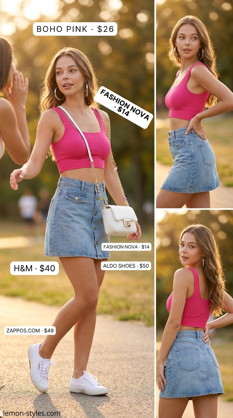 Trendy Summer Outfits 2026: Festival Fun Trendy summer outfits for women 2026: Denim mini skirt, hot pink crop top, white sneakers for festival fun.