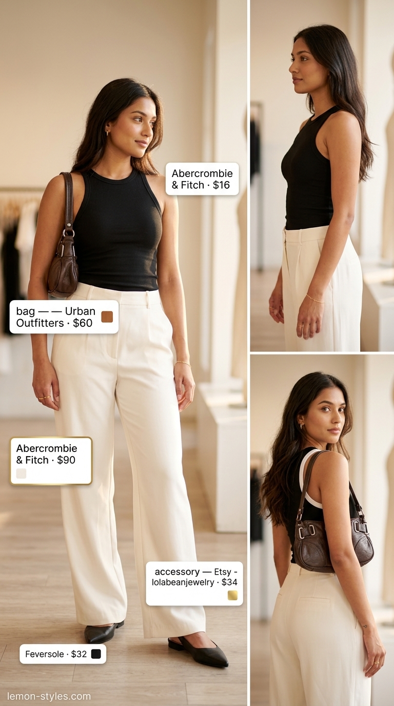 Trendy Summer Outfits 2026: City Minimalism Trendy summer outfits for women 2026: Ecru tailored pants, black tank, cognac bag for a polished city look.