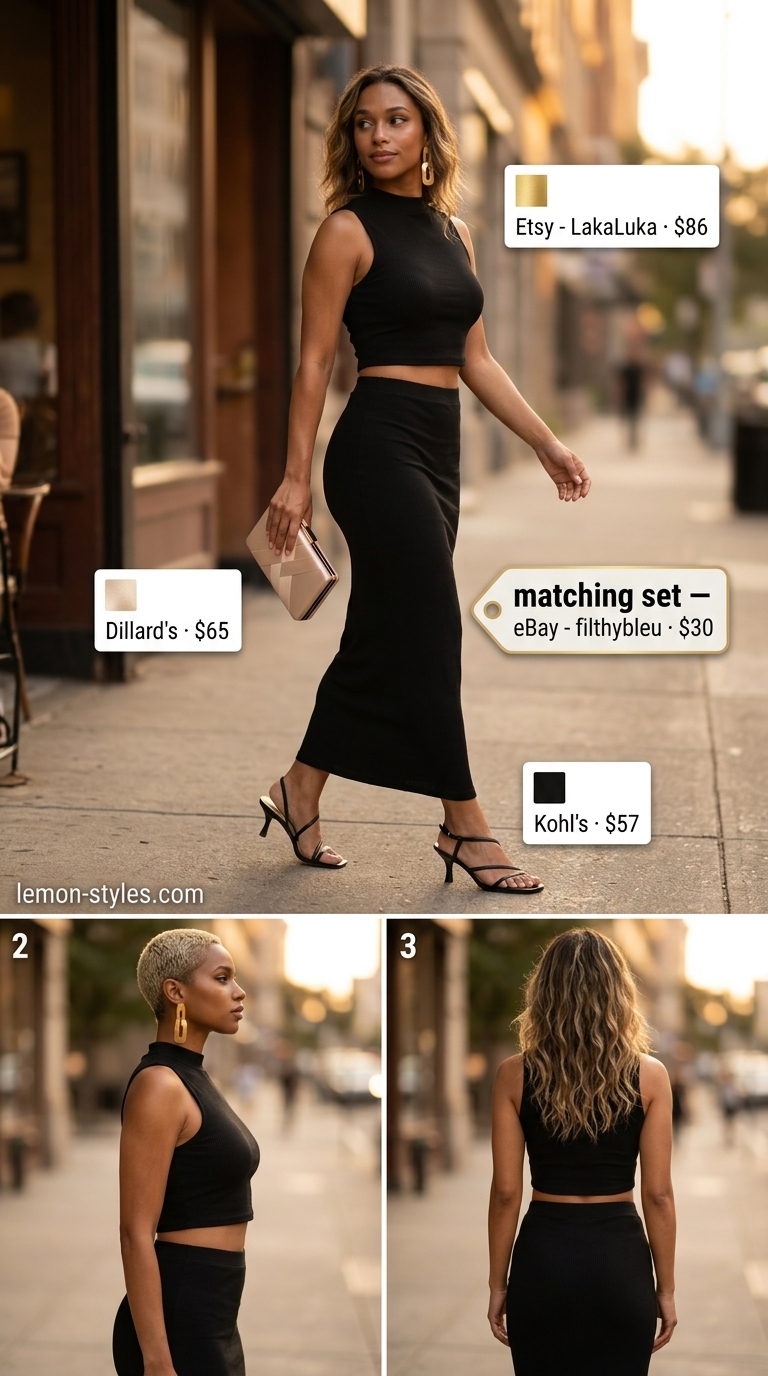 Trendy Summer Outfits 2026: Desert Glamour Trendy summer outfits for women 2026: Black ribbed knit matching set, gold earrings, cream clutch for an evening event.