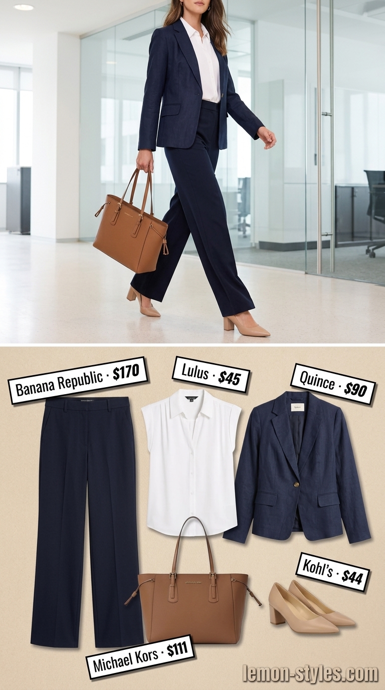 Smart summer work outfits for women 2026: Navy wide-leg trousers, white blouse, tan heels, and blazer.