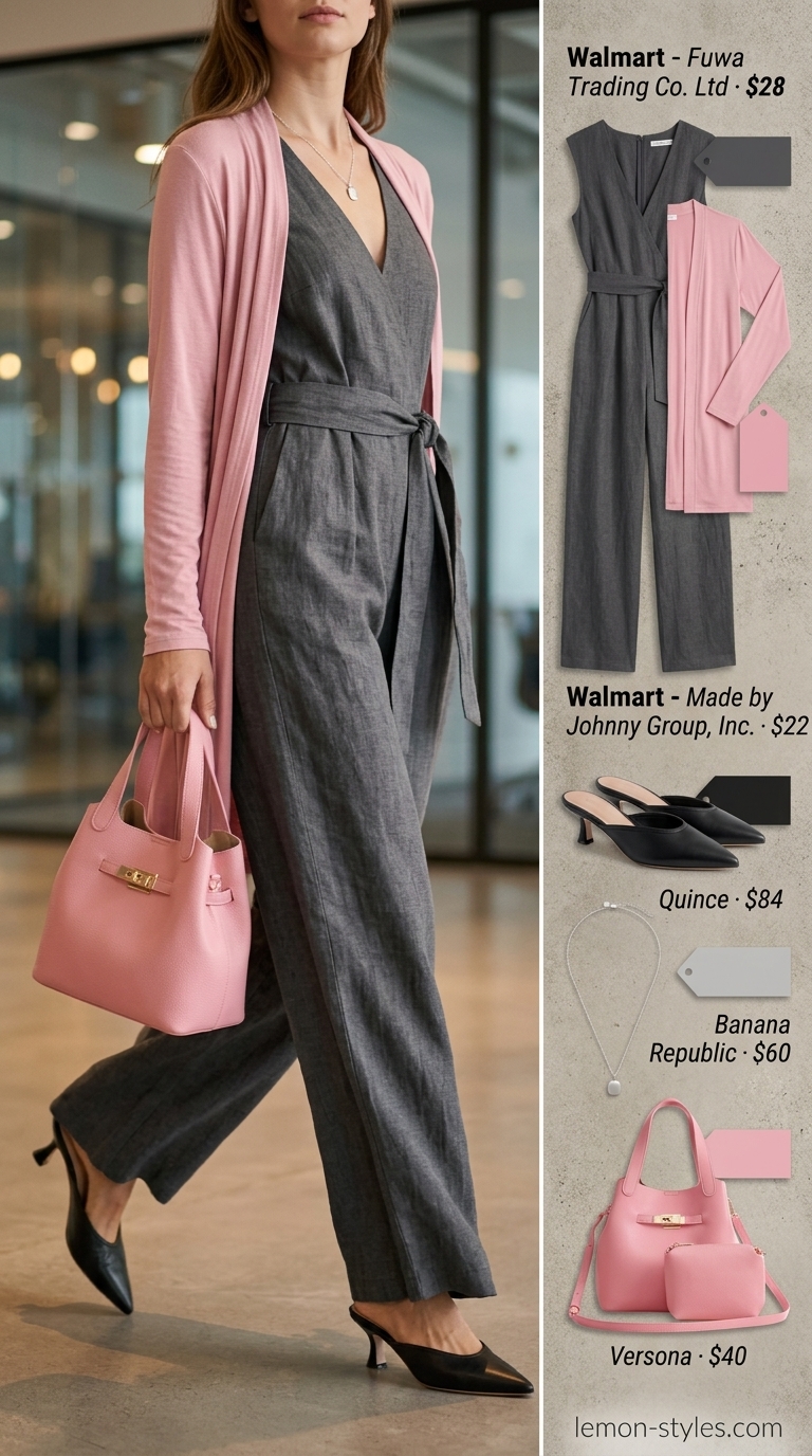Charcoal wide-leg jumpsuit for smart summer work outfits for women 2026. Work events.