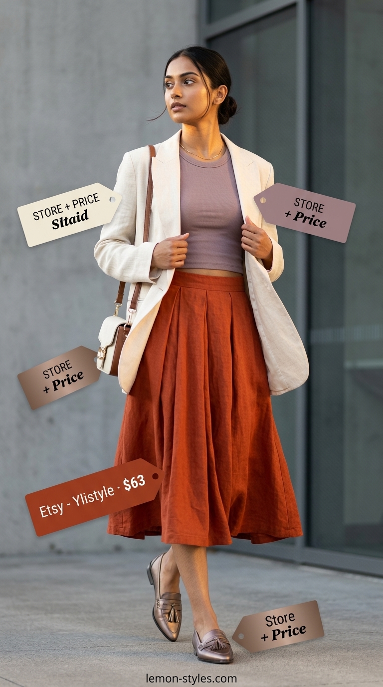 Terracotta A-line skirt for smart summer work outfits for women 2026. Creative work days.