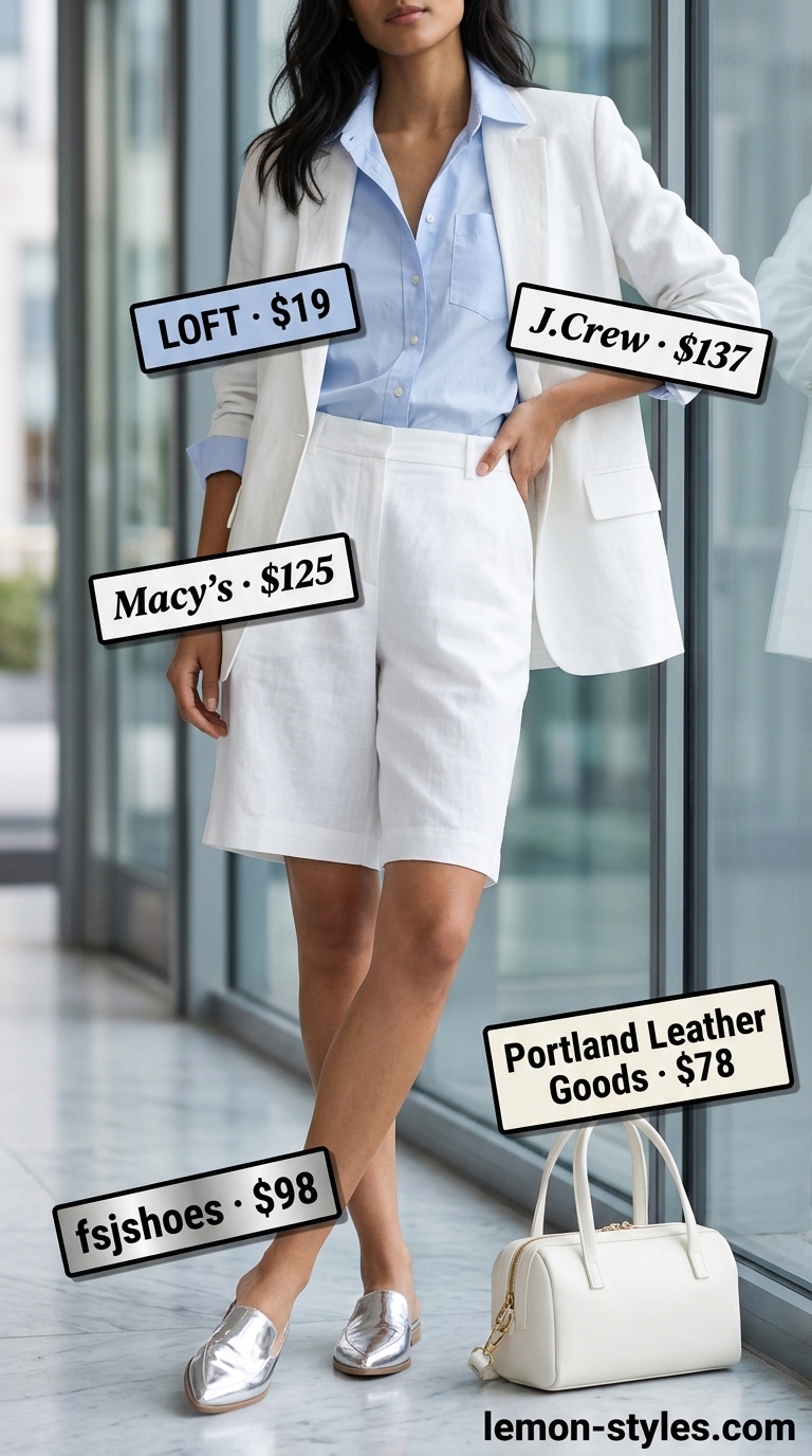Smart summer work outfits for women 2026: White linen shorts, pale blue shirt, silver mules, and blazer.