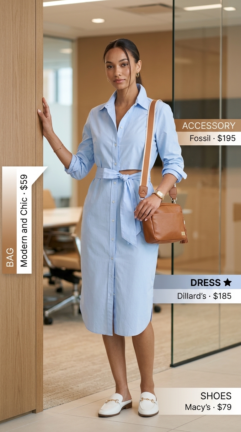 Sky blue shirt dress for smart summer work outfits for women 2026. Daily office wear.