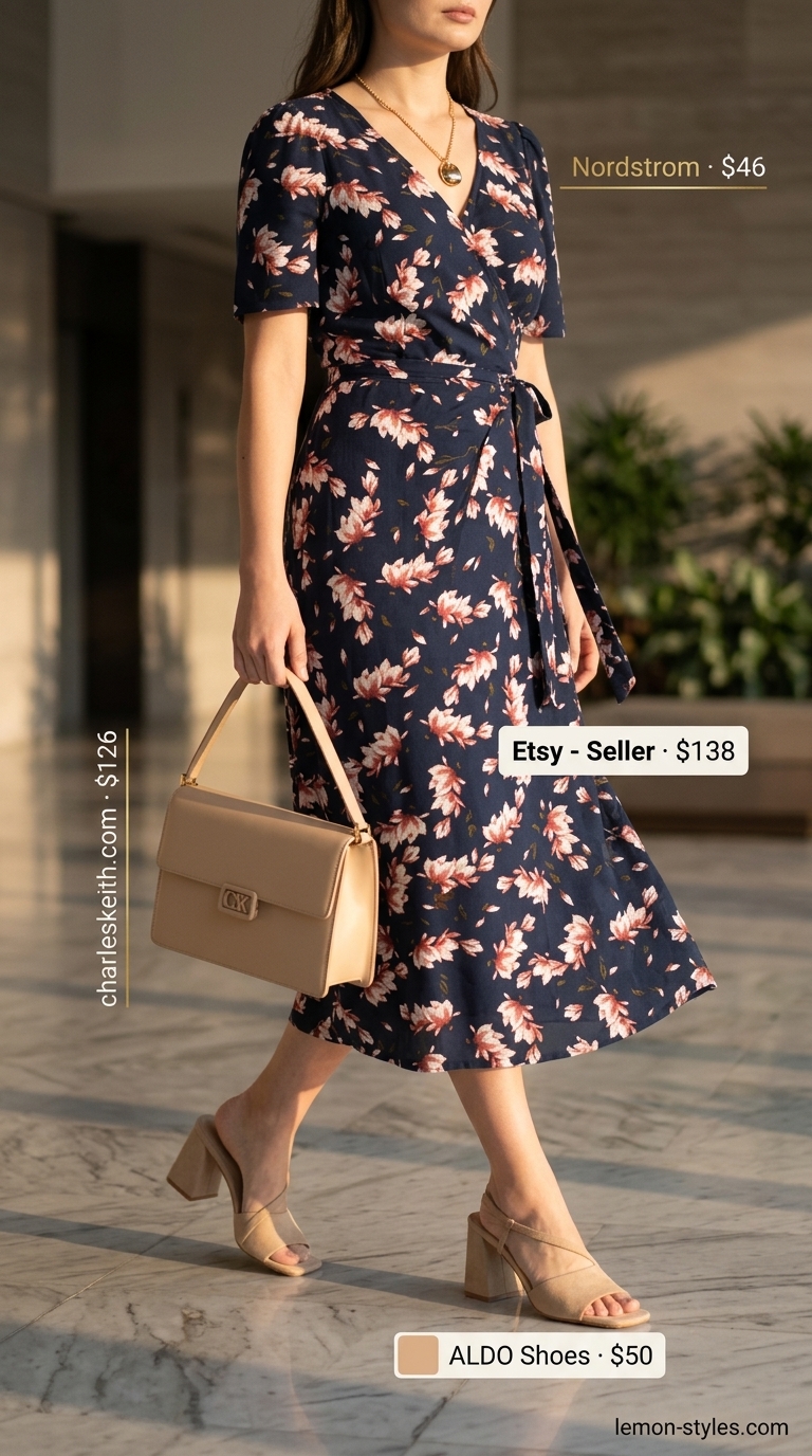Smart summer work outfits for women 2026: Navy floral midi wrap dress with nude block heels for office celebration.