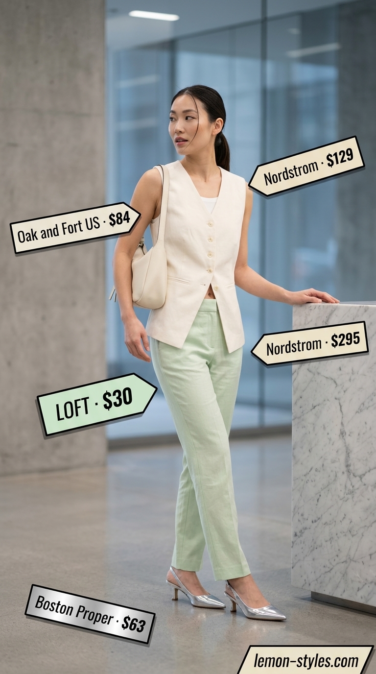 Smart summer work outfits for women 2026: Muted lavender linen suit with cream vest and silver heels for business casual.