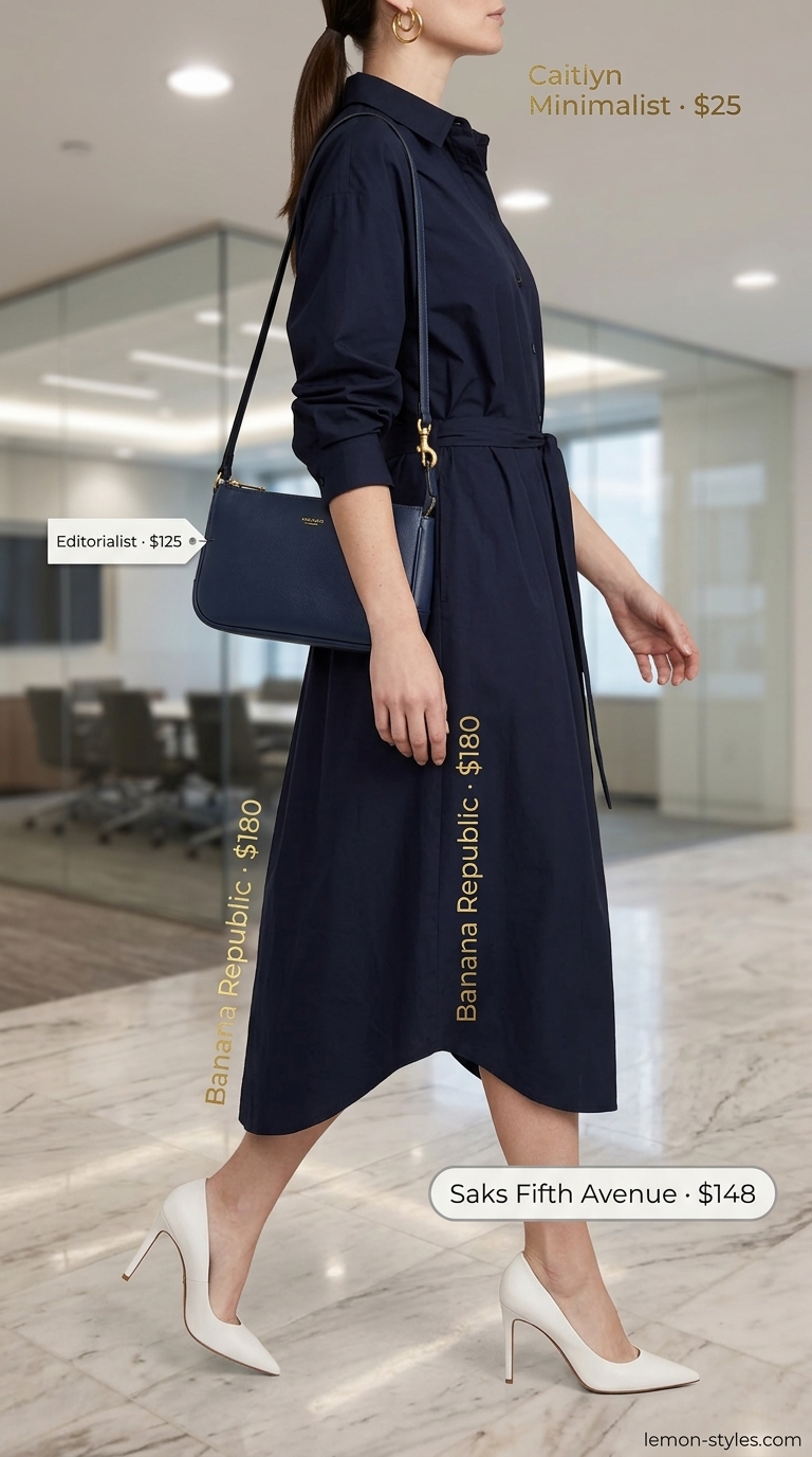 Smart summer work outfits for women 2026: Navy A-line shirt dress with white buttons, gold hoops, and white pumps.