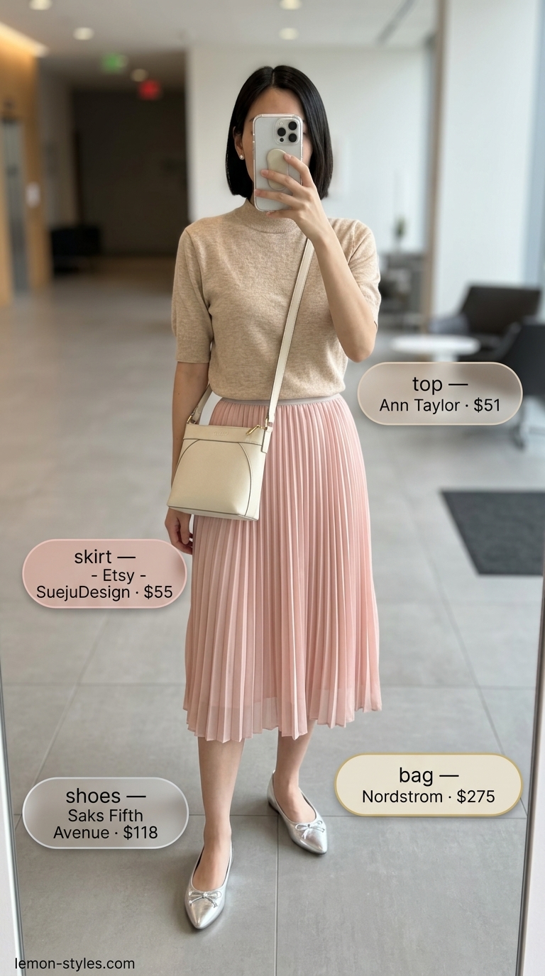 Blush pink midi skirt for smart summer work outfits for women 2026. Business casual.
