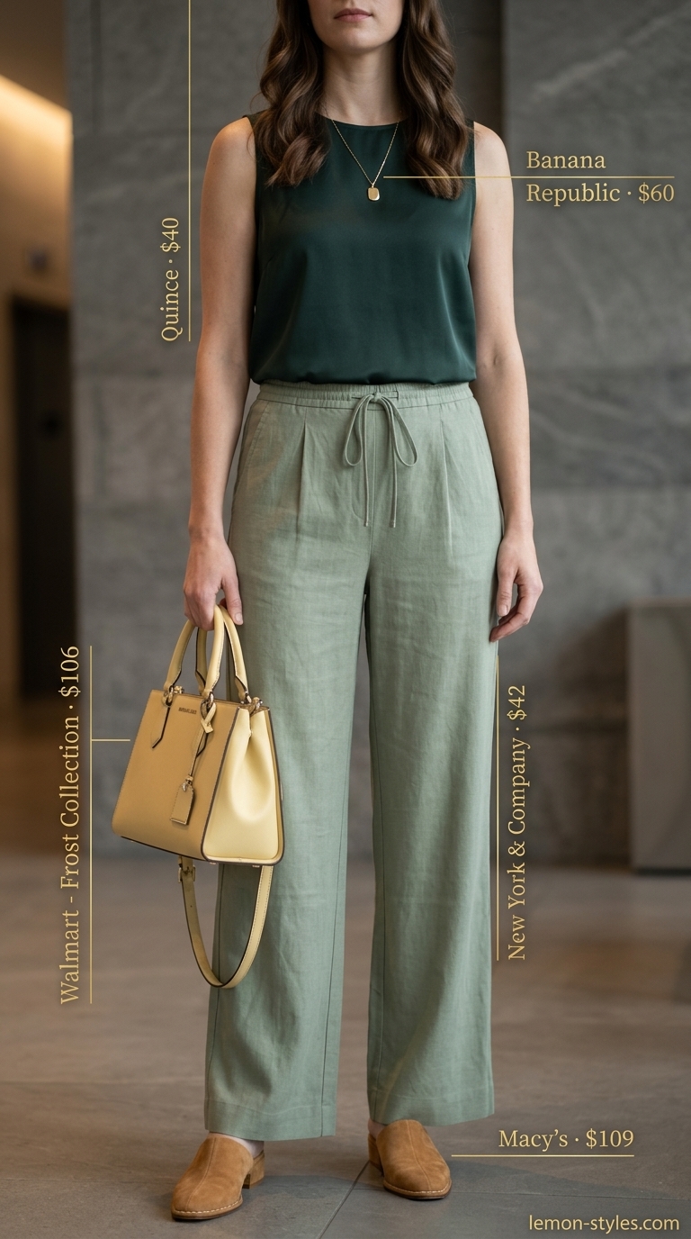 Smart summer work outfits for women 2026: Sage green linen trousers, cream silk top, tan mules for business casual.