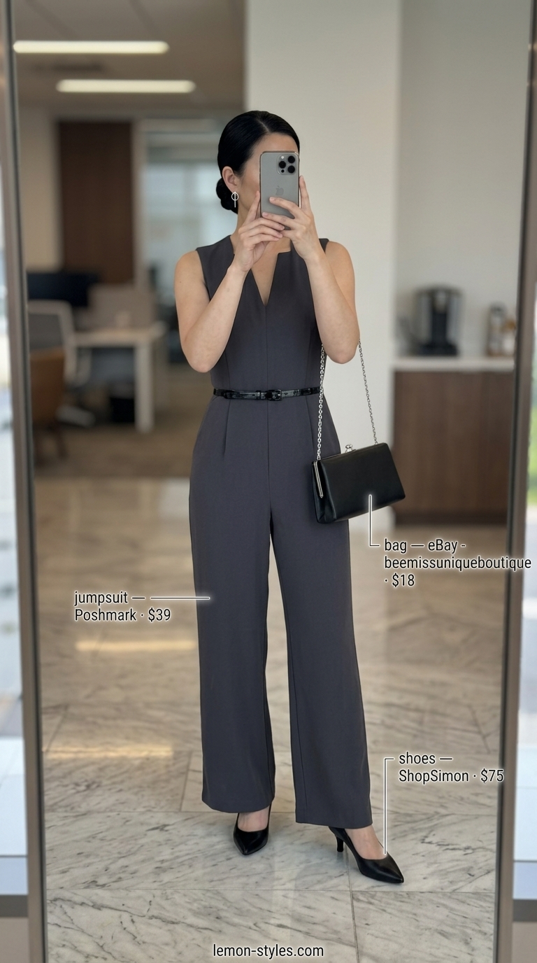 Charcoal grey jumpsuit for smart summer work outfits for women 2026. Office & business meetings.
