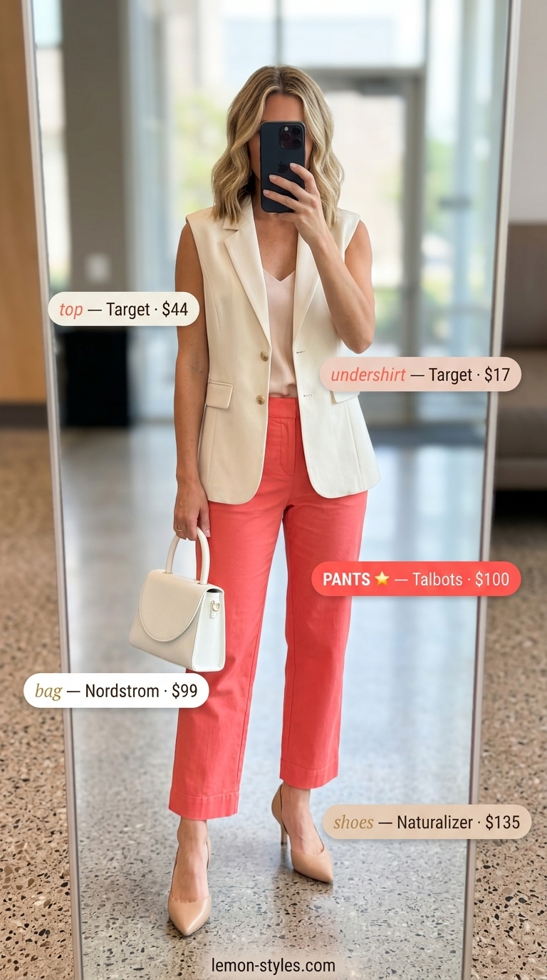 Coral trousers & cream blazer for smart summer work outfits for women 2026. Bold office style.